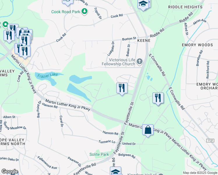 map of restaurants, bars, coffee shops, grocery stores, and more near 1031 Culloden Circle in Durham