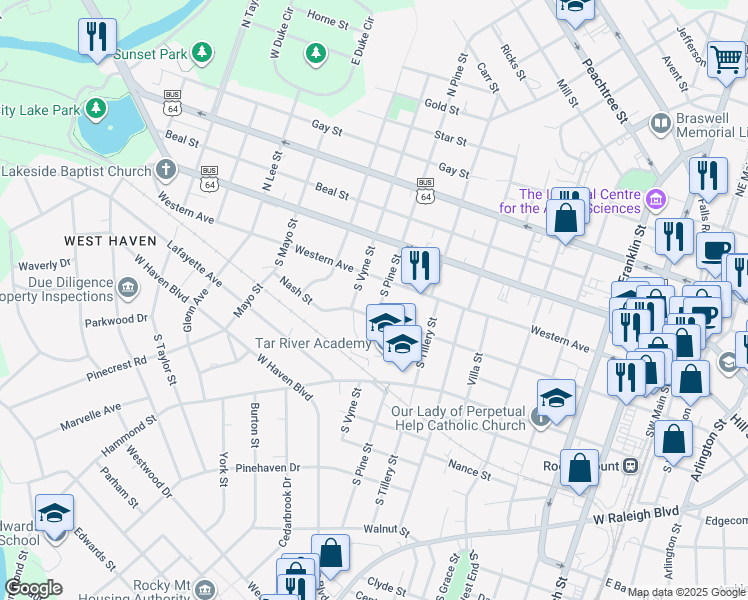 map of restaurants, bars, coffee shops, grocery stores, and more near 844 Nash Street in Rocky Mount