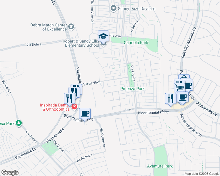 map of restaurants, bars, coffee shops, grocery stores, and more near 3171 Biccari Avenue in Henderson