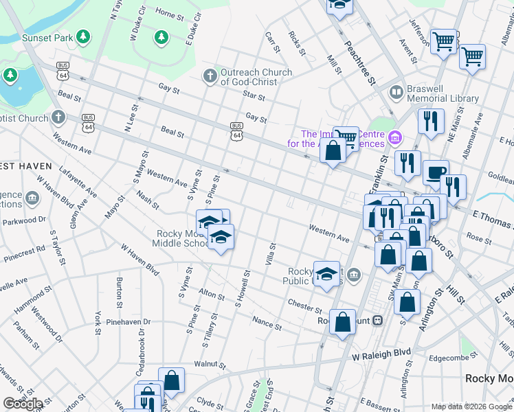 map of restaurants, bars, coffee shops, grocery stores, and more near 714 Western Avenue in Rocky Mount