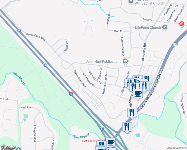 map of restaurants, bars, coffee shops, grocery stores, and more near 1008 Montrose Drive in Smyrna