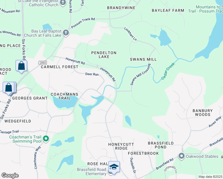 map of restaurants, bars, coffee shops, grocery stores, and more near 11905 Pine Bluff Court in Raleigh