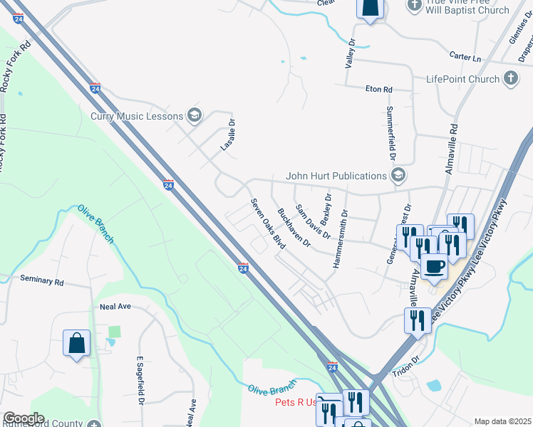 map of restaurants, bars, coffee shops, grocery stores, and more near 1006 7 Oaks Boulevard in Smyrna