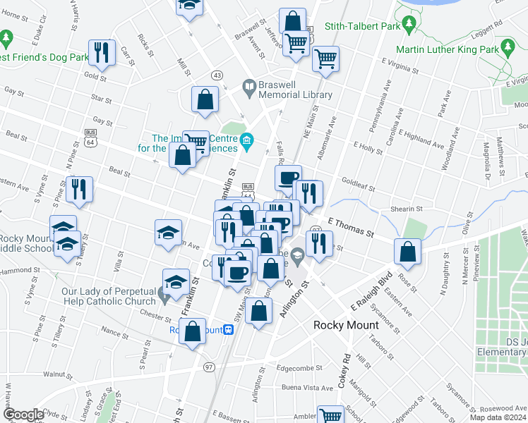 map of restaurants, bars, coffee shops, grocery stores, and more near 153 North Church Street in Rocky Mount