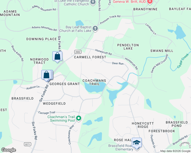 map of restaurants, bars, coffee shops, grocery stores, and more near 11823 Edgewater Court in Raleigh