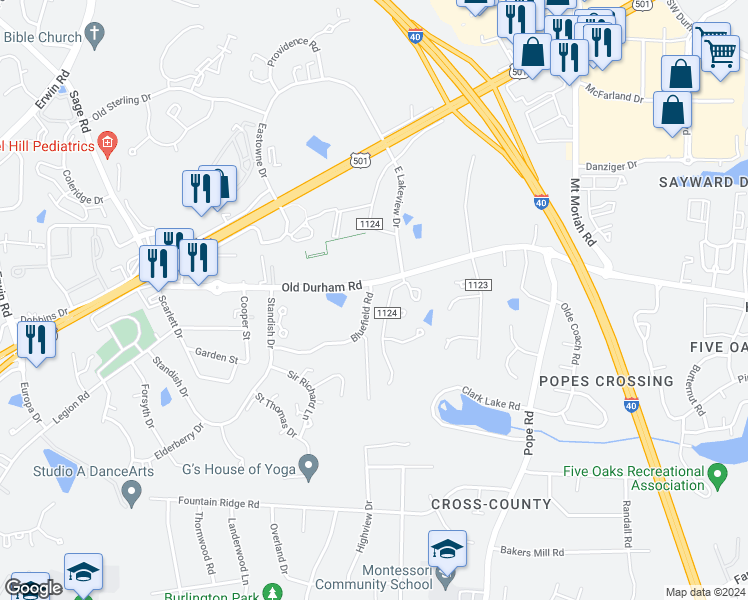 map of restaurants, bars, coffee shops, grocery stores, and more near in Chapel Hill