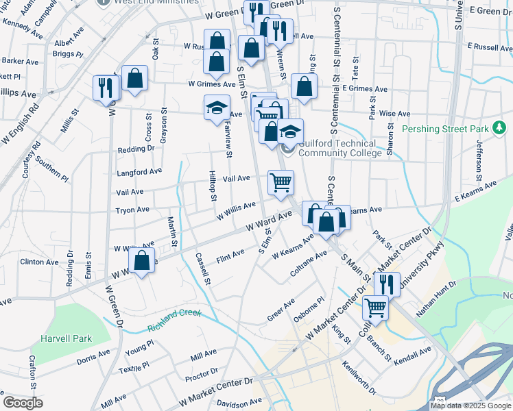 map of restaurants, bars, coffee shops, grocery stores, and more near 710 South Elm Street in High Point