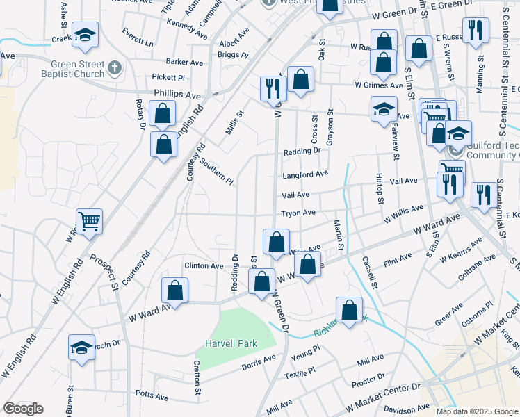 map of restaurants, bars, coffee shops, grocery stores, and more near 1012 West Green Drive in High Point