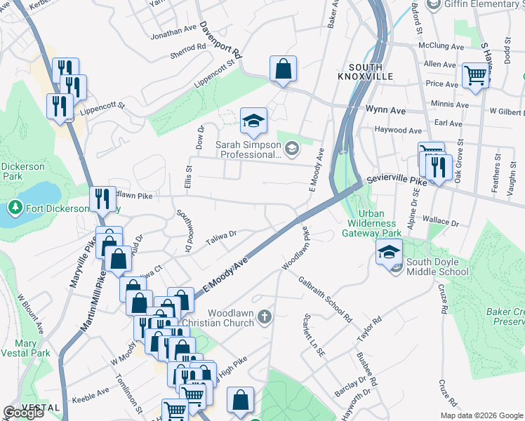 map of restaurants, bars, coffee shops, grocery stores, and more near 561 Woodlawn Pike in Knoxville