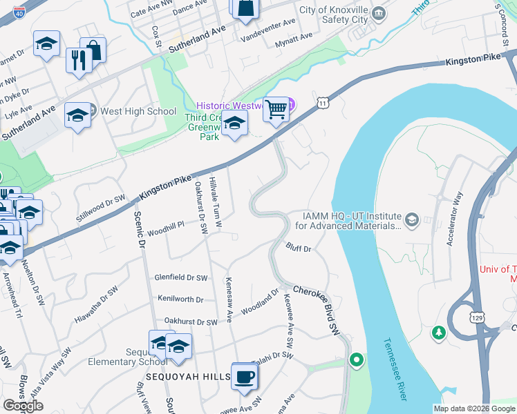 map of restaurants, bars, coffee shops, grocery stores, and more near 512 Cherokee Boulevard in Knoxville