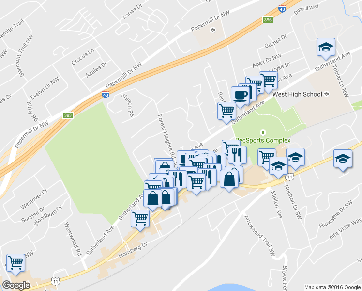 map of restaurants, bars, coffee shops, grocery stores, and more near 509 Forest Hills Boulevard in Knoxville
