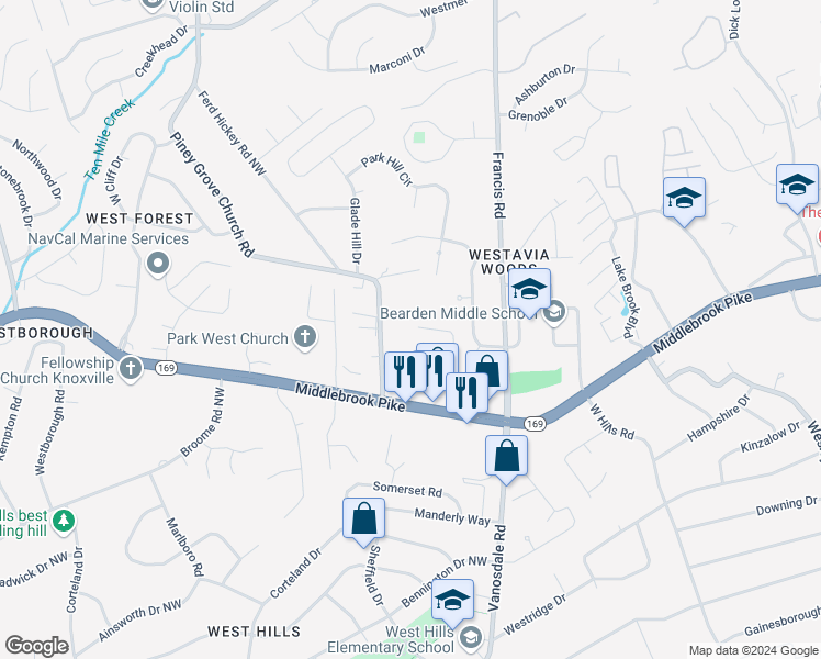 map of restaurants, bars, coffee shops, grocery stores, and more near 1030 Piney Grove Church Road in Knoxville