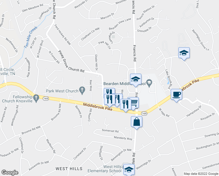 map of restaurants, bars, coffee shops, grocery stores, and more near 1030 Piney Grove Church Road in Knoxville