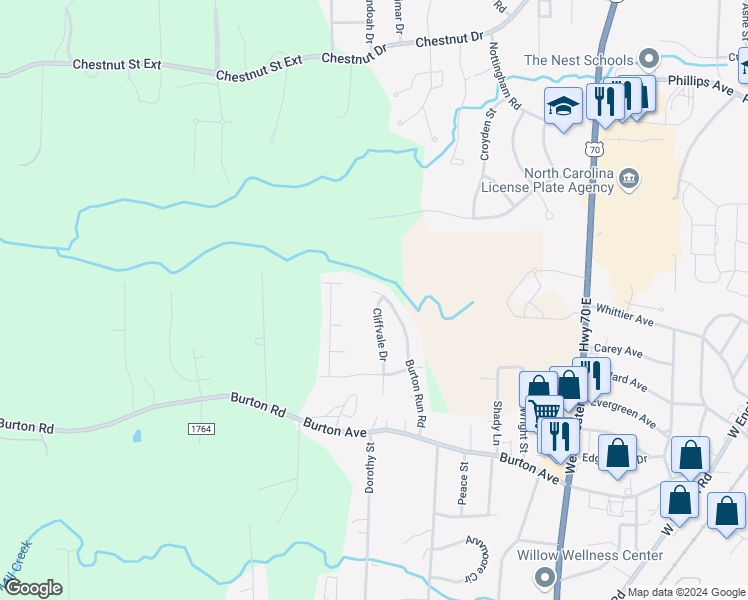 map of restaurants, bars, coffee shops, grocery stores, and more near 2177 Cliffvale Drive in High Point