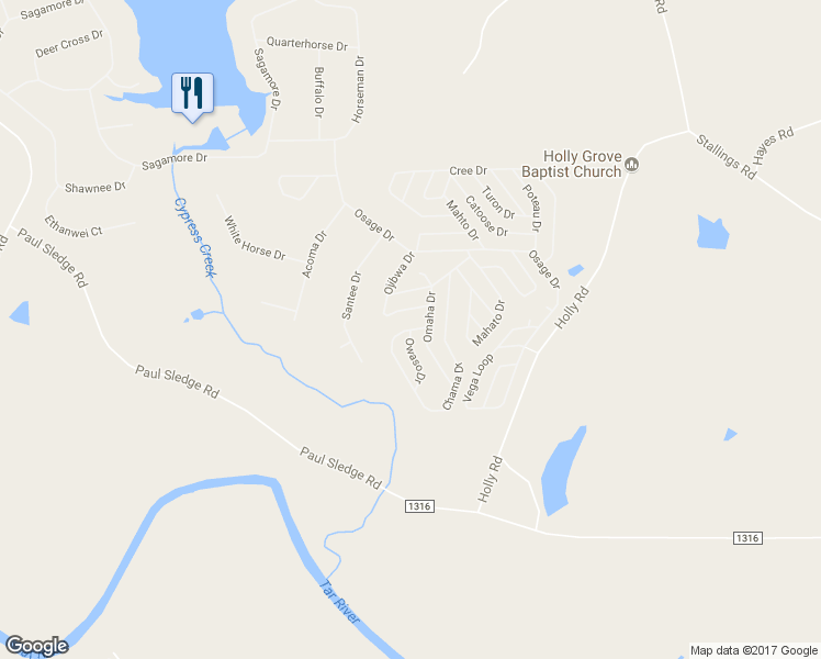 map of restaurants, bars, coffee shops, grocery stores, and more near Chama Drive in Louisburg