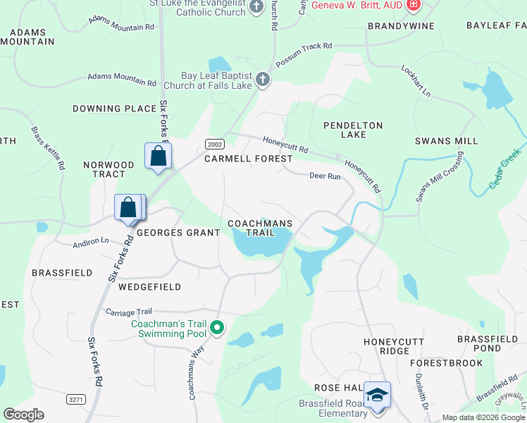 map of restaurants, bars, coffee shops, grocery stores, and more near 11823 Edgewater Court in Raleigh