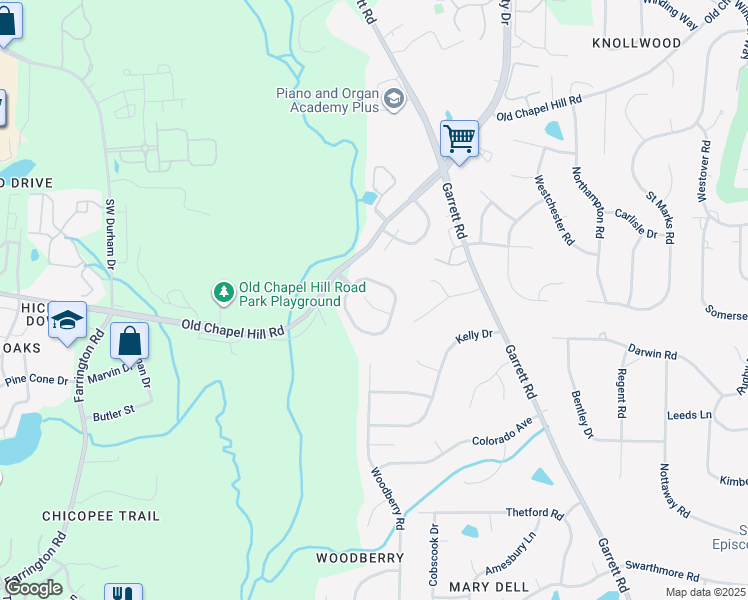 map of restaurants, bars, coffee shops, grocery stores, and more near 12 Hidden Ridge Court in Durham