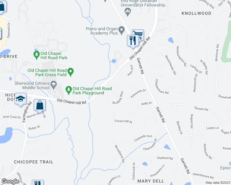map of restaurants, bars, coffee shops, grocery stores, and more near 12 Hidden Ridge Court in Durham