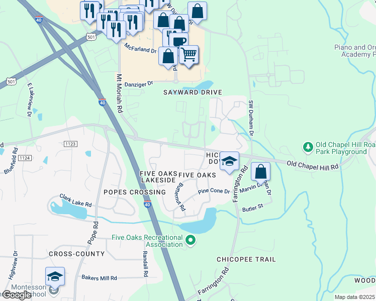 map of restaurants, bars, coffee shops, grocery stores, and more near 5200 Old Chapel Hill Road in Durham