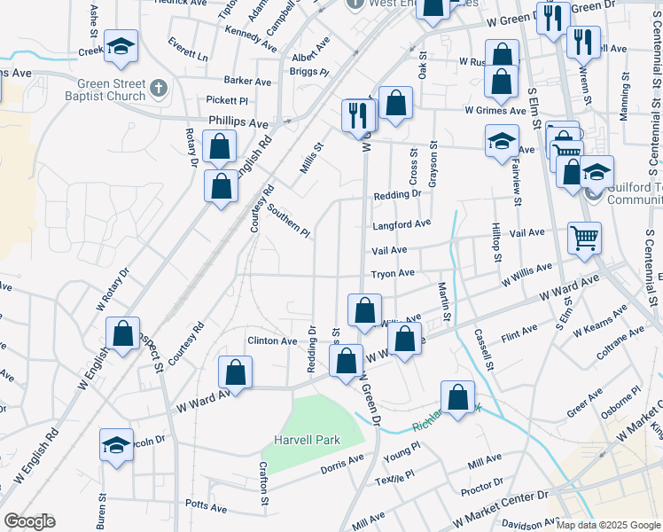 map of restaurants, bars, coffee shops, grocery stores, and more near 1105 Redding Drive in High Point