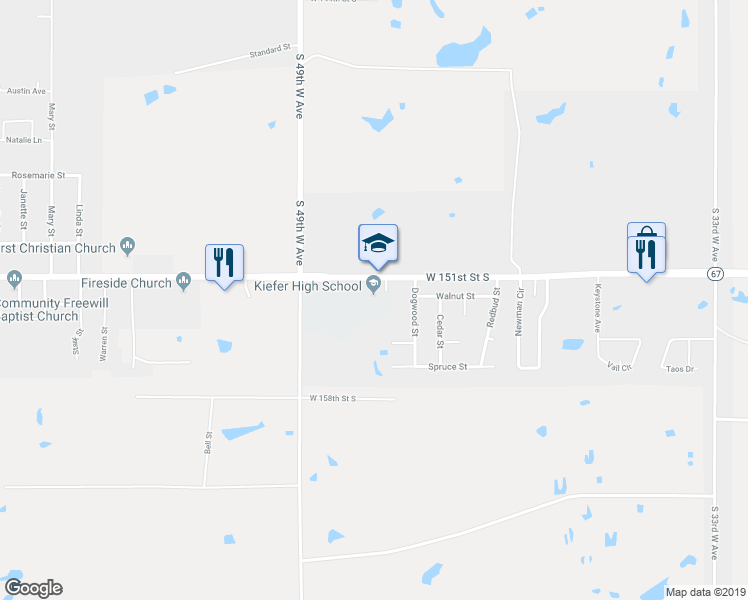 map of restaurants, bars, coffee shops, grocery stores, and more near 4600 West 151st Street South in Kiefer