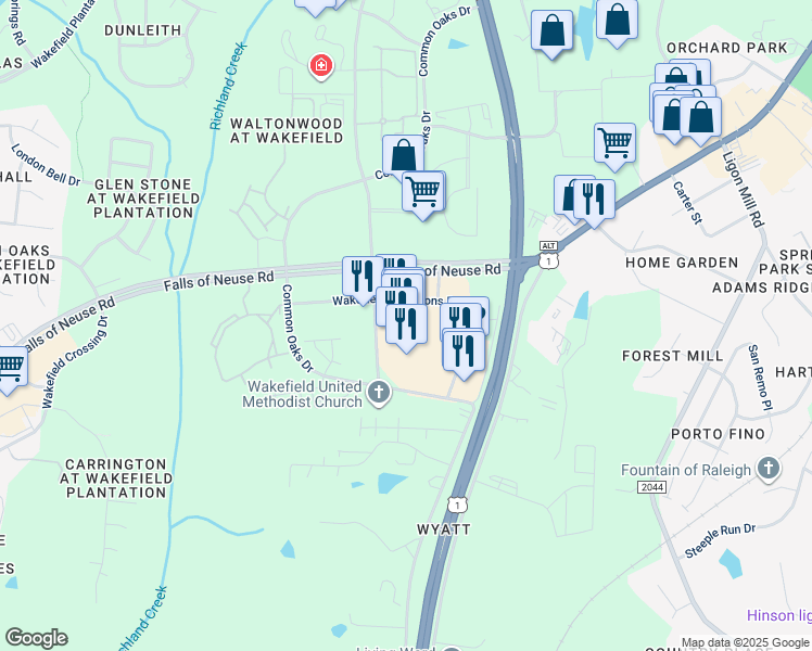 map of restaurants, bars, coffee shops, grocery stores, and more near 10850 Forest Pines Drive in Raleigh