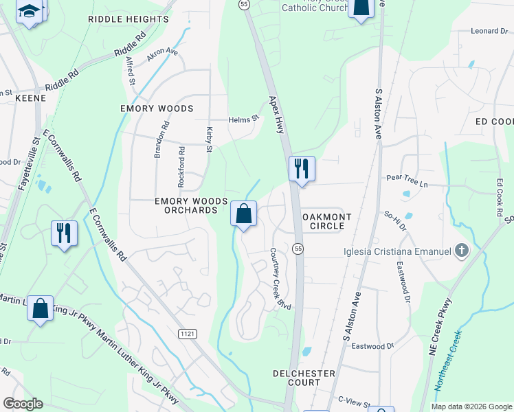 map of restaurants, bars, coffee shops, grocery stores, and more near 2604 Wyntercrest Lane in Durham