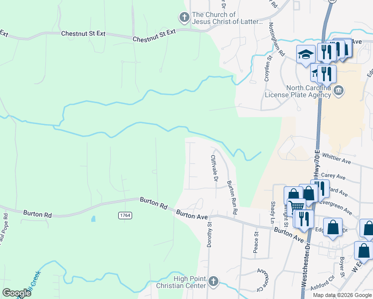 map of restaurants, bars, coffee shops, grocery stores, and more near 1256 Brownsfield Court in High Point