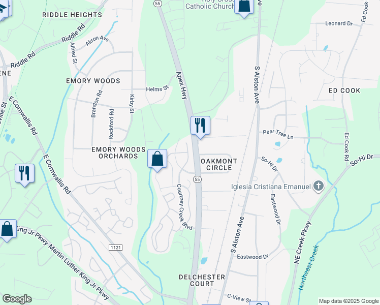 map of restaurants, bars, coffee shops, grocery stores, and more near 3116 Courtney Creek Boulevard in Durham