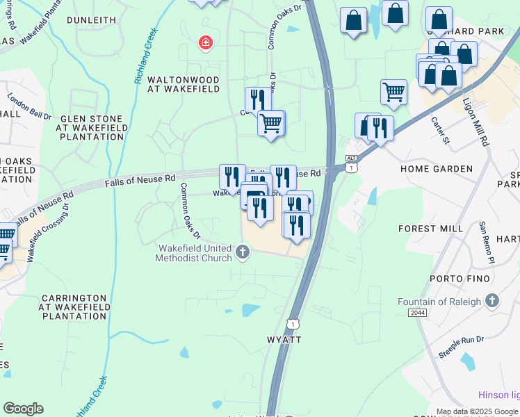 map of restaurants, bars, coffee shops, grocery stores, and more near 10850 Forest Pines Drive in Raleigh