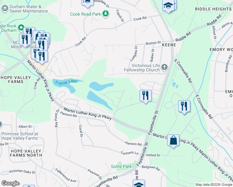 map of restaurants, bars, coffee shops, grocery stores, and more near 100 Stratford Lakes Drive in Durham