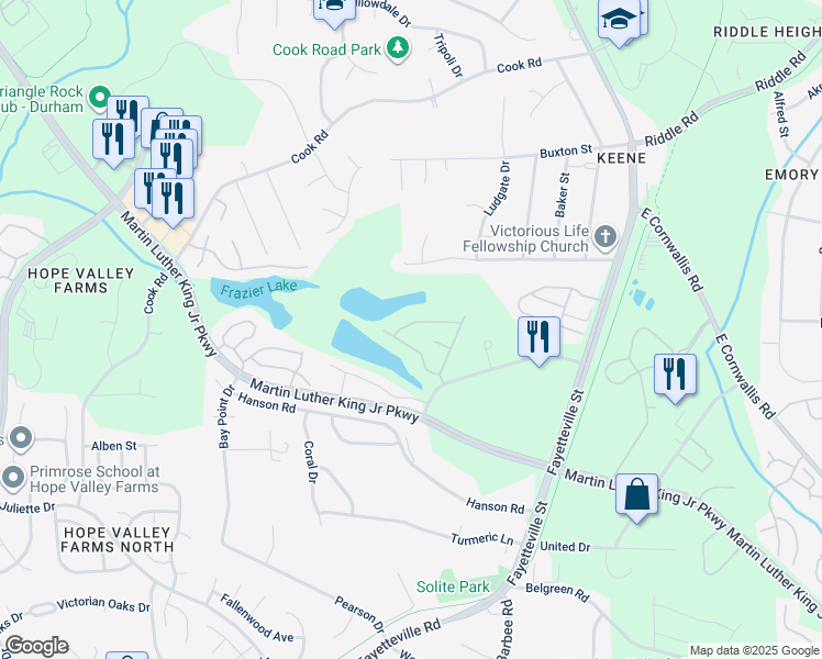 map of restaurants, bars, coffee shops, grocery stores, and more near 100 Stratford Lakes Drive in Durham