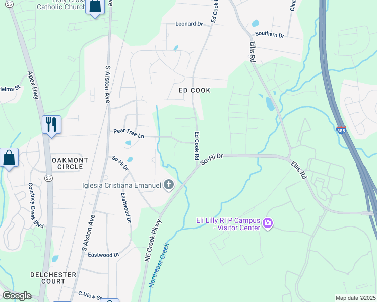 map of restaurants, bars, coffee shops, grocery stores, and more near 1814 Ed Cook Road in Durham