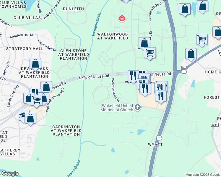 map of restaurants, bars, coffee shops, grocery stores, and more near 14114 Chriswick House Lane in Raleigh
