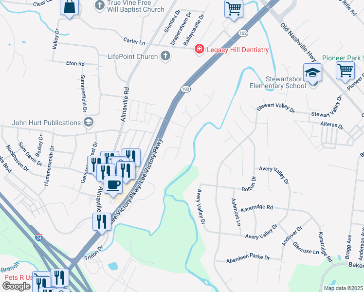 map of restaurants, bars, coffee shops, grocery stores, and more near 363 Stewart Springs Drive in Smyrna