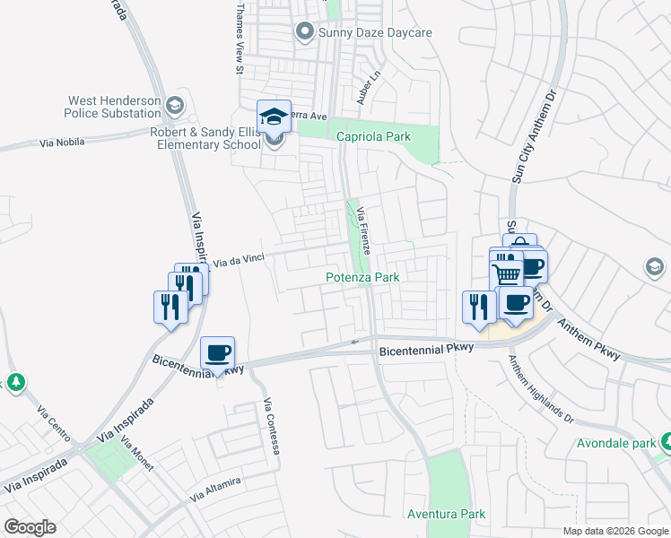 map of restaurants, bars, coffee shops, grocery stores, and more near 3119 Biccari Avenue in Henderson