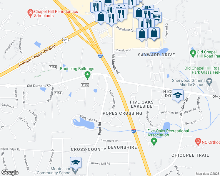 map of restaurants, bars, coffee shops, grocery stores, and more near 3903 Olde Coach Road in Durham