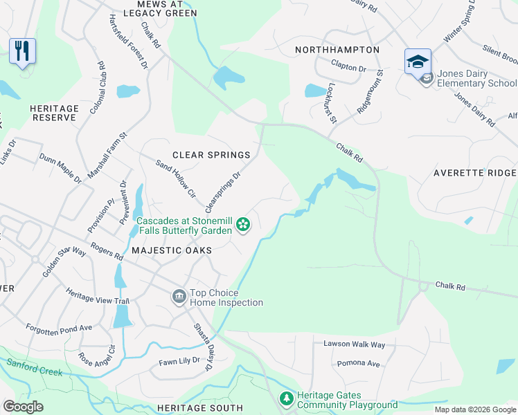 map of restaurants, bars, coffee shops, grocery stores, and more near 5924 Clearsprings Drive in Wake Forest