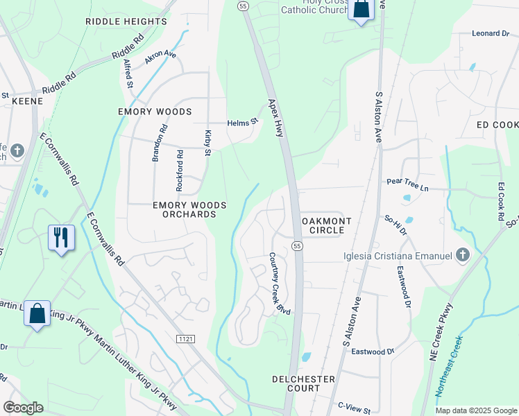 map of restaurants, bars, coffee shops, grocery stores, and more near 2610 Wyntercrest Lane in Durham