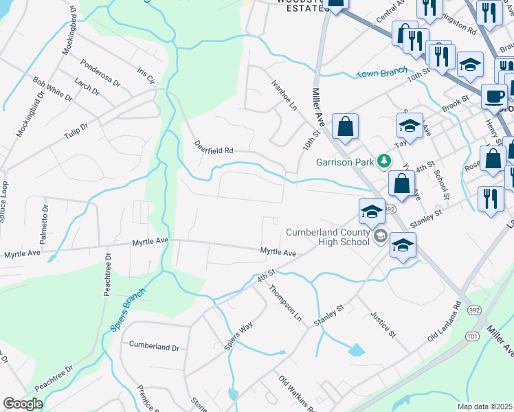 map of restaurants, bars, coffee shops, grocery stores, and more near 16 Patrick Drive in Crossville