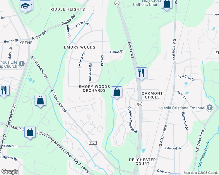 map of restaurants, bars, coffee shops, grocery stores, and more near 1421 Chowan Avenue in Durham