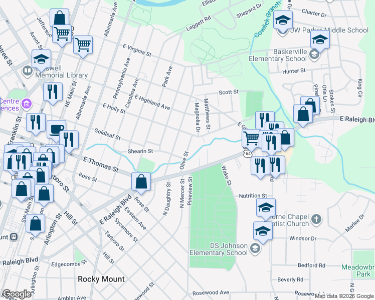 map of restaurants, bars, coffee shops, grocery stores, and more near 301-399 Olive Street in Rocky Mount