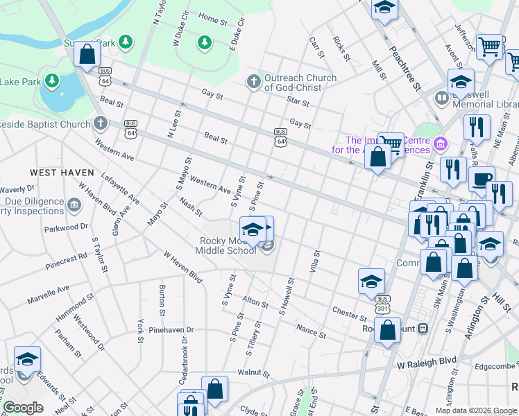 map of restaurants, bars, coffee shops, grocery stores, and more near 840 Western Avenue in Rocky Mount