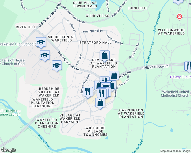 map of restaurants, bars, coffee shops, grocery stores, and more near 2701 Wakefield Pines Drive in Raleigh