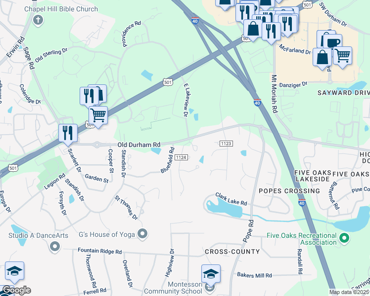 map of restaurants, bars, coffee shops, grocery stores, and more near in Chapel Hill