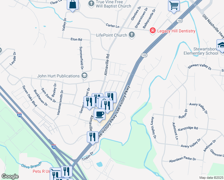 map of restaurants, bars, coffee shops, grocery stores, and more near 4013 Rhythm Drive in Smyrna
