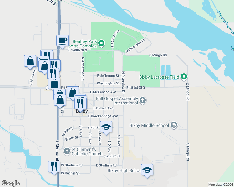 map of restaurants, bars, coffee shops, grocery stores, and more near 311 East McKennon Avenue in Bixby