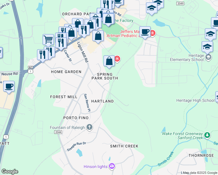 map of restaurants, bars, coffee shops, grocery stores, and more near 1704 Gwen Drive in Wake Forest