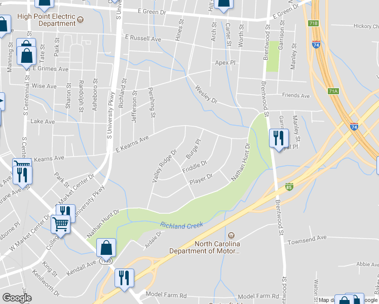map of restaurants, bars, coffee shops, grocery stores, and more near 409 Burge Place in High Point