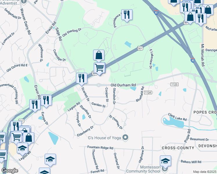 map of restaurants, bars, coffee shops, grocery stores, and more near 111 Old Cooper Square in Chapel Hill